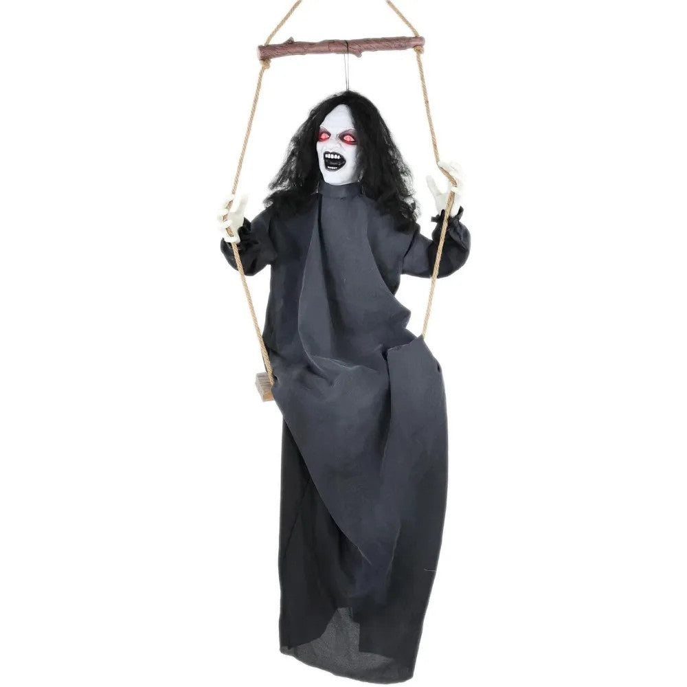 Outdoor Halloween Decoration Animatronic Scary Talking Demon Woman on Swing with Touch Activated Lights Sound Battery-Operated