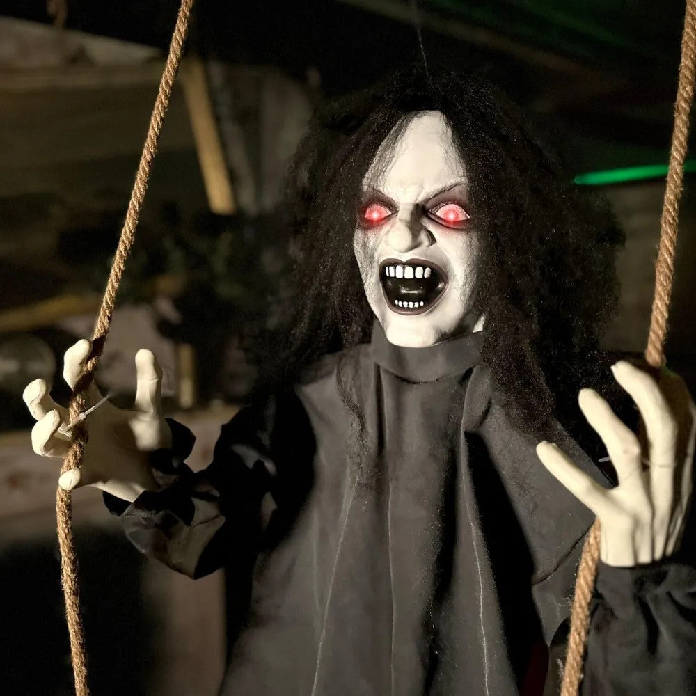 Outdoor Halloween Decoration Animatronic Scary Talking Demon Woman on Swing with Touch Activated Lights Sound Battery-Operated