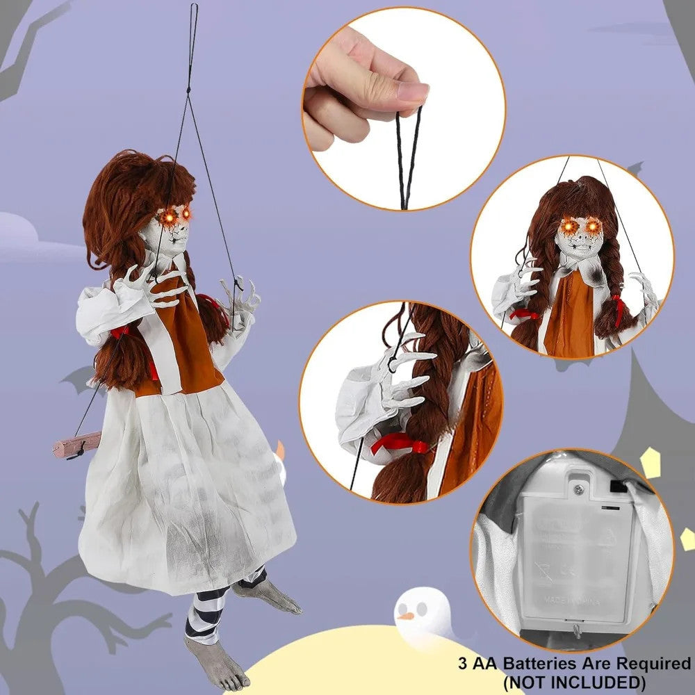 Halloween Decorations Outdoor Hanging Swing Girl, Scary Animatronic Decor Life-Size Halloween Props with Creepy Sounds Motion