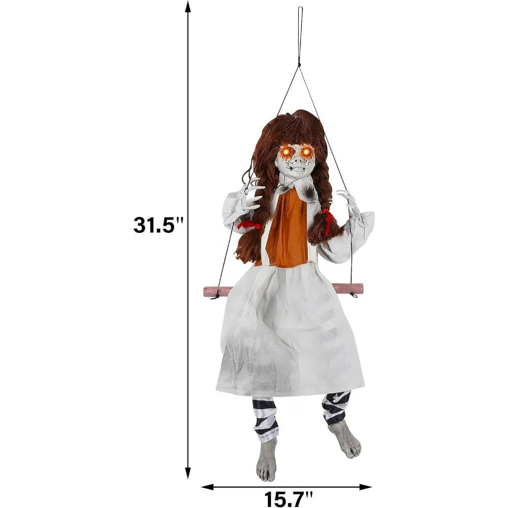 Halloween Decorations Outdoor Hanging Swing Girl, Scary Animatronic Decor Life-Size Halloween Props with Creepy Sounds Motion