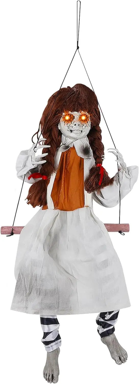 Halloween Decorations Outdoor Hanging Swing Girl, Scary Animatronic Decor Life-Size Halloween Props with Creepy Sounds Motion