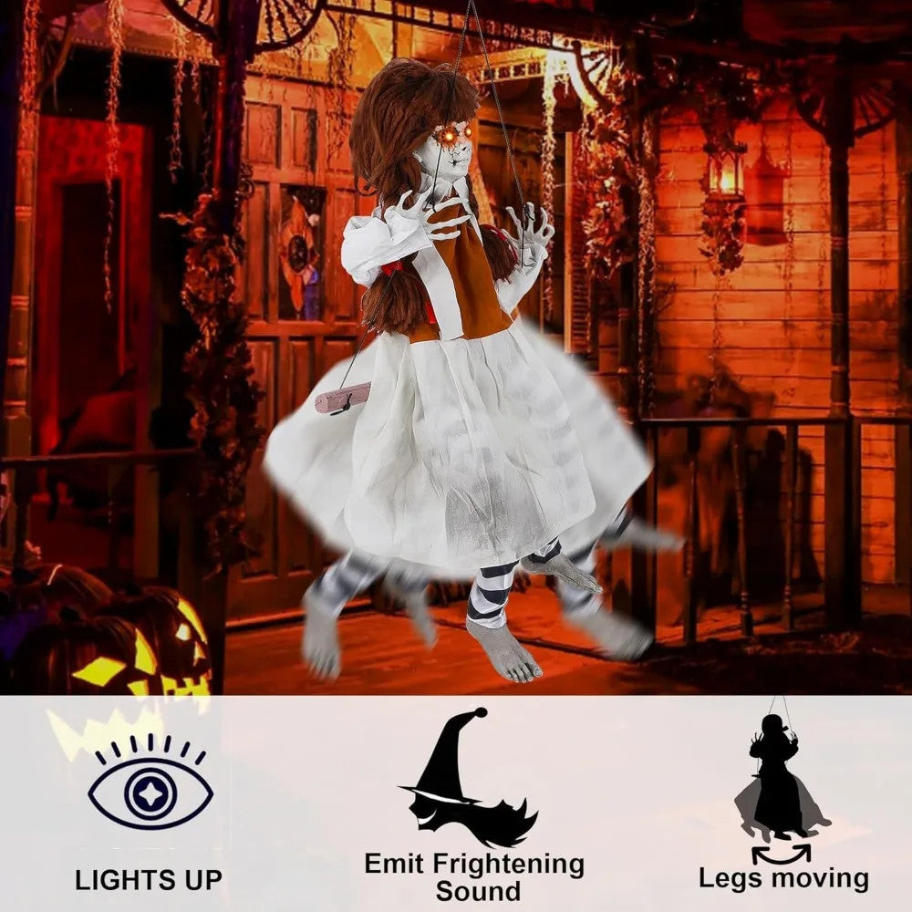 Halloween Decorations Outdoor Hanging Swing Girl, Scary Animatronic Decor Life-Size Halloween Props with Creepy Sounds Motion