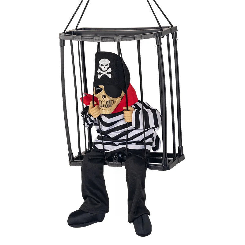 Halloween Scary Skeleton Prisoner Talking Let Me Out With Light Animatronic Prank Speaking Props Hangable Ghost Halloween Decor