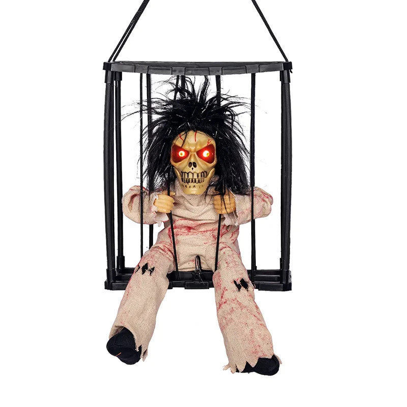 Halloween Scary Skeleton Prisoner Talking Let Me Out With Light Animatronic Prank Speaking Props Hangable Ghost Halloween Decor