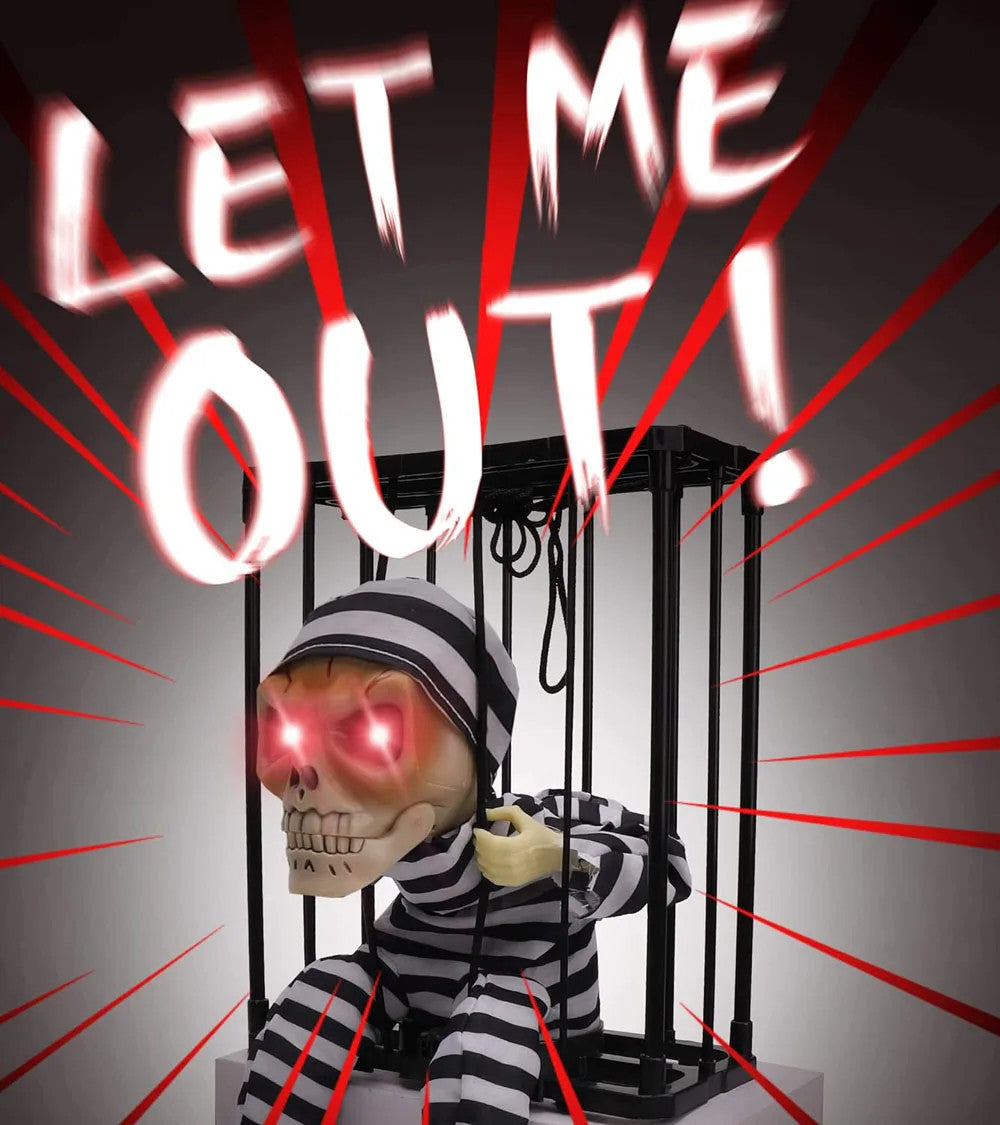 Halloween Scary Skeleton Prisoner Talking Let Me Out With Light Animatronic Prank Speaking Props Hangable Ghost Halloween Decor