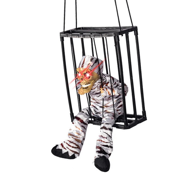 Halloween Scary Skeleton Prisoner Talking Let Me Out With Light Animatronic Prank Speaking Props Hangable Ghost Halloween Decor