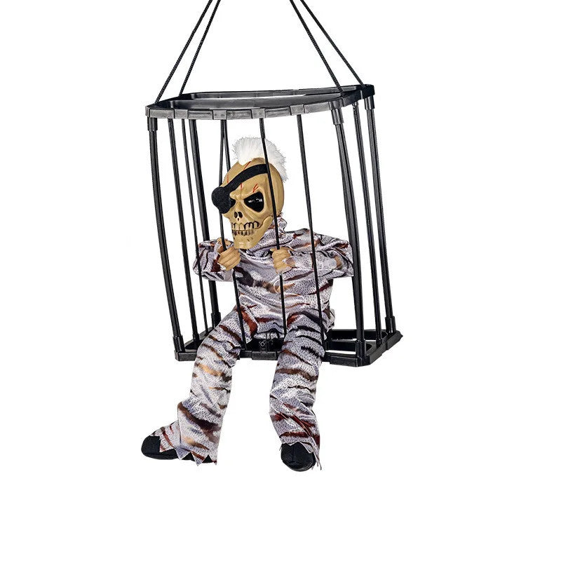 Halloween Scary Skeleton Prisoner Talking Let Me Out With Light Animatronic Prank Speaking Props Hangable Ghost Halloween Decor